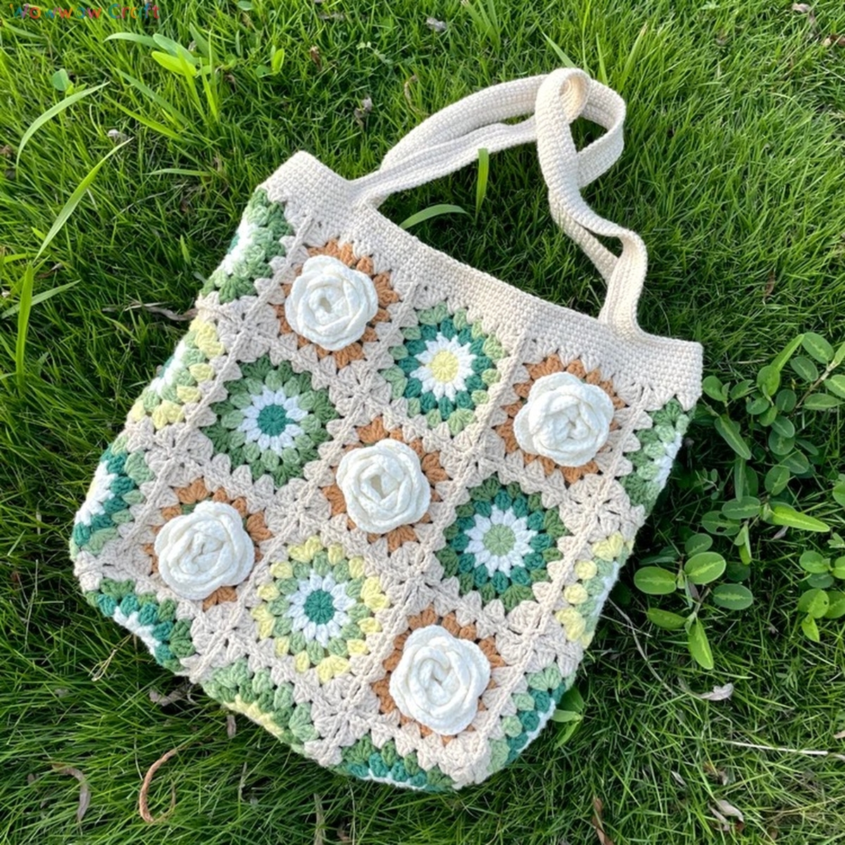 Shoulder Bags,Totes,Handmade Crochet Bags,Granny Square Tote crocheted with Snow Fairy Yarn - Beautiful Hand-Crocheted Shoulder Bag